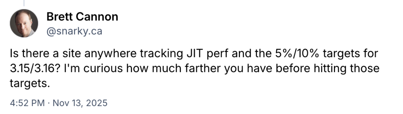 Brett asking &ldquo;Is there a site anywhere tracking JIT perf and the 5%/10% targets for 3.15/3.16? I&rsquo;m curious how much farther you have before hitting those targets.&rdquo; on Bluesky.